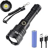 WholeFire Linterna LED XHP90 Alta Potencia 10000 Lúmenes, USB Recargable Impermeable 5 Modos de Zoom, P90 Linterna Táctica Militar con Batería y Cable USB