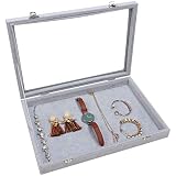 BELLE VOUS Bandeja Joyas Terciopelo Gris Expositor de Joyas Apilable con Tapa de Vidrio – Organizador Joyas Cajones con Cierre Apilable para Pendientes, Anillos, Collares y Brazaletes