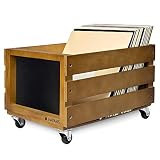 Navaris Caja para discos de vinilo - Mueble de madera con ruedas porta vinilos - Estilo vintage con pizarra para anotar - Soporte de almacenaje