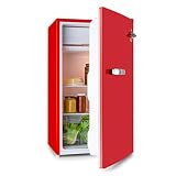 Klarstein Beercracker 90L – Nevera de 90 litros, eficiencia energética clase F, incluye congelador, cajón para verduras, 3 compartimentos en la puerta, abrebotellas, 2 baldas de vidrio, rojo