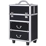 HOMCOM Maleta de Maquillaje Portátil Estuche de Comésticos Profesional con 6 Cajones Extensibles Cerradura y 2 Llaves Ruedas Asa Retráctil 36x23x58 cm Negro