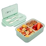 1400ml Caja de Almuerzo de Plástico Verde, Caja de Bento con 3 Compartimentos y Cubiertos (Tenedor y Cuchara), Fiambreras Caja de Alimentos Ideal para Almuerzo y Bocadillos para Niños y Adultos