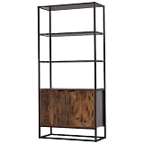 HOMCOM Mueble Estantería con 3 Estantes Abiertos y 1 Armario de Doble Puerta con Base Elevada Librería Multifuncional de Almacenaje 76x33x162,5 cm Marrón Rústico