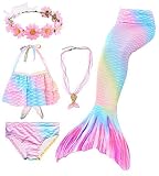 Conjunto de 5 Piezas Cola de Sirena para Nadar para niñas Traje de baño Sirena Incluyendo Coronas y Collares (HXGB15,130)