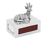 Brillibrum Design - Figura decorativa de ciervo sobre caja de cerillas con grabado (peltre y caja de cerillas de metal con grabado personalizable)