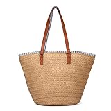 JOSEKO Bolsa de Playa de Paja, Bolsos de Verano Bolsa de Hombro Totalizador con Asas de Cuero borlas Bolso de Mujer Adecuado para Viajes de Vacaciones Compras Playas y Uso Diario（Caqui # 1）