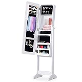 HOMCOM Joyero de Pie con Espejo Armario para Joyas Luces LED Reclinable Guardajoyas Anillos Pendientes Collares Madera 30x36x146cm Blanco