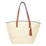 JOSEKO Bolsa de Playa de Paja, Bolsos de Verano Bolsa de Hombro Totalizador con Asas de Cuero borlas Bolso de Mujer Adecuado para Viajes de Vacaciones Compras Playas y Uso Diario（Blanco Crema 01）