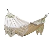 WSZGR Hamaca de Algodón, Cámping Hamacas de jardín, Hamaca Colgante Doble Jardin Estilo Beige Flecos, Brasileña Al Aire Libre Ultraligera Hecho a Mano Hamaca(Color:White)
