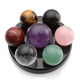 QGEM Juego de bolas de chakra de cristal en base de obsidiana, para sanación de reiki, 7 unidades, incluye caja