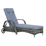 Outsunny Tumbona de Ratán de Jardín Chaise Longue con Respaldo Ajustable en 5 Posiciones Cojines Acolchados Reposacabezas y 2 Ruedas 200x73x72-103 cm Gris