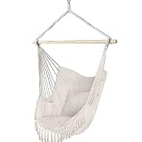 VOUNOT Silla Colgante Exterior con Flecos, Silla Hamaca Columpio de Algodón con 2 Cojines, Barra Separadora de Madera, Hamaca Portátil para Interior y Exterior, Beige