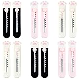 12 hojas de cortador de cajas, cuchillo utilitario retráctil portátil, cuchillo de papelería, mini cuchillo cortador con forma de pata de gato de dibujos animados (rosa, blanco, negro)