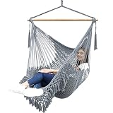 Chihee Silla de Hamaca Silla Colgante supergrande Silla de Tejido de Cuerda de algodón Hilado Suave, Barra separadora de Madera Dura Silla Ancha de Encaje Silla giratoria Jardín al Aire Libre