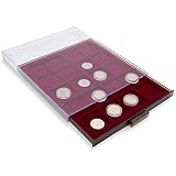 Star Collect 700063 - Caja para monedas, 30 compartimentos cuadrados para monedas, inserto de terciopelo rojo, 38 x 38 mm