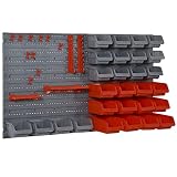 DURHAND Estante de Pared Organizador para Herramientas Estanterías de Almacenaje con 28 Cajas Apilables y Diferentes Ganchos 54x22x95 cm Gris y Rojo