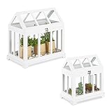 Relaxdays Mini Invernadero, Set de 2, Decorativo, para Ventana, Invernadero de Interior, Vidrio y Madera, Flores, Blanco
