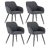 WOLTU 4 x Sillas de Comedor Nordicas Estilo Vintage Juego de 4, Silla de Cocina Silla Tapizada con Reposabrazos Tapizadas Lino, Estructura de Metal, Gris Oscuro BH107dgr-4