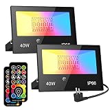 Focos LED Exterior RGB 120 Colores 40W Foco Proyector Exteriores con Control Remoto, Floodlight LED Impermeable IP66, 5700K Blanca Frio, LED Iluminación Exterior para Jardin Terraza Garaje, 2 Piezas