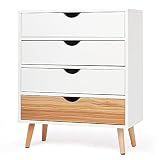 Meerveil Cajonera, Cómoda de 4 Cajones Madera Armario Interior Estilo Moderno para Dormitorio Salón y Pasillo, 60 x 30 x 73 cm, Blanco y Roble