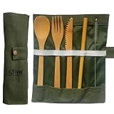 CUBIERTOS DE BAMBÚ Reutilizables | Cubiertos madera ecológicos |Utensilios madera | Set para picnic | Set cubiertos para camping | Cucharada, tenedor, cuchillo, pajita y cepillo de limpieza