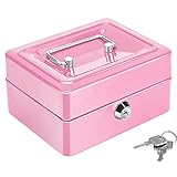 Caja Seguridad Segura para Monedas en Efectivo, Pequeño Banco Dinero Metal con Cerradura, Caja de Seguridad con Bandeja Extraíble, con 2 Llaves, para Dinero Suelto, Monedas (Rosa)