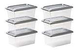 Amazon Basics, Juego de 6 cajas de almacenamiento, 5 L, con cierre a presión, apilable, sala de estar, dormitorio, garaje - New Top Box NTB-5 - Gris / Transparente