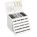 COSTWAY Caja para Joyas con Espejo y 6 Niveles para Pendientes Collares Pulseras Joyería Organizador de Madera (blanco)
