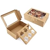 Paquete de 10 cajas de papel kraft para magdalenas con ventana e insertos, cajas de panadería marrón para galletas con cordel de yute y pegatinas para cupcakes, galletas, postres, pasteles