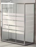 PIAMONTE CHROMO Mampara Angular Tres Hojas, Fijo de 80cm de anchura, Correderas Apertura ambos lados, Medidas 134-140x185cm, Cristal 4mm, Cromo-Serigrafía, Modular Rectangular Perfil Aluminio Cromado