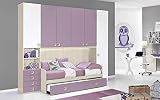 Dafne Italian Design Dormitorio completo con puente, efecto abedul, blanco, cuarzo (doble cama individual y armario) (300 x 96 x 259 cm)