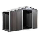 Outsunny Caseta de Jardín Tipo Cobertizo con Casetilla para Leña Almacenamiento de Herramientas con Techo Inclinado Base Incluida 4 Ventanas 284x127x185 cm Gris