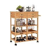 Carrito Cocina de Bambú, Carro Servicio, Carrito Auxiliar con Ruedas, Carro verdulero, para Frutas, Verduras, con 4 Cajones, 2 Bandejas, 66x36x81cm