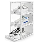 Yorbay Juego de 3 cajas de zapatos apilables para almacenamiento de zapatos, puertas y tapas transparentes de plástico a prueba de polvo y humedad, 37 x 26,5 x 21 cm