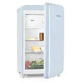 Klarstein PopArt - Frigorífico combi, Compartimento para verduras y botellas, 2 estanterías, Bandeja huevera, Diseño retro, Eficiencia energética E, Nevera 108L, Congelador 13L, Celeste