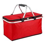 Cesta de picnic plegable, 30 l, tamaño grande, bolsa isotérmica, cesta de picnic aislada con cremallera y asas de aluminio, para camping, senderismo, viajes, actividades al aire libre (rojo)