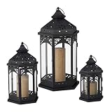 Relaxdays Set de 3 Farolillos Decorativos para Exterior e Interior, Hierro-Cristal, Negro, 3 Tamaños