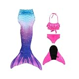Shinyeagle 4 Pack Cola de Sirena Niña para Nadar,Traje de baño de Princesa con Cola de Sirena, Incluye Bikini y Aletas de Sirena (110-120)