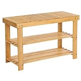 SONGMICS Banco Zapatero de bambú, Estantería para Zapatos con 3 estantes, 70 x 28 x 45 cm Ideal para Entrada, Baño, Sala de Estar, Pasillo LBS04N