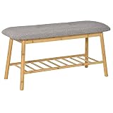 HOMCOM Banco Zapatero Moderno Mueble Recibidor de Bambú con Asiento Acolchado y Estante para Zapatos Entrada Pasillo 90x34x44 cm Color Natural y Gris