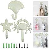 BUZIFU Ganchos Decorativos para Pared,3 Percheros de Pared Originales de Hierro Forjado para Habitación Baño Cocina y Entrada de Casa,Colgadores en Forma de Cangrejo/Concha de Vieira/Estrellas de Mar