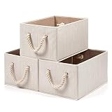 EZOWARE 3 pcs Cajas de Almacenaje, Caja Decorativa de Tela Plegable Resistente con Manijas para Ropa, Juguetes, Armario, Dormitorio, Estanterías y Mas - Color Beige Natural
