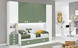 Dafne Italian Design Dormitorio completo con puente – blanco, salvia (doble cama individual y armario) (300 x 96 x 259 cm)
