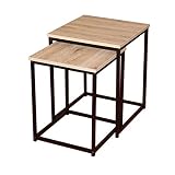 TIENDA EURASIA Mesa Auxiliar para Salon - Pack de 2 Mesas Auxiliares Cuadradas de Diseño Industrial - Mesas Cuadradas de Estructura Metalica y Tapa de Madera - Mesas Auxiliares Apilables