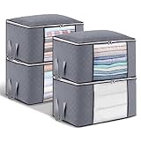 GARPROVM 4pcs Cajas Almacenaje 60x43x35cm, Bolsas Almacenaje Ropa de Gran Capacidad con Asa Reforzada y Tela Respirable para Edredones, Mantas, Organizador Armario Plegable Gris