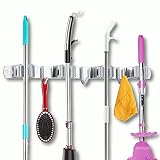 Colgador de Escobas y Fregonas de Acero Inoxidable, TUOHBOVA Organizador Adhesivos Soporte para Fregonas y Cepillas con 4 Posiciones y 3 Ganchos para Cocina, Baño, Garaje, Gris