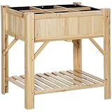 Outsunny Huerto Urbano de Madera 78,5x58x81 cm Mesa de Cultivo con 6 Compartimentos y Estante Inferior para Plantas Flores en Jardín Terraza Exterior Color Natural