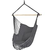 VOUNOT Silla Colgante Exterior con Flecos, Silla Hamaca Columpio de Algodón con 2 Cojines, Barra Separadora de Madera, Hamaca Portátil para Interior y Exterior, Gris
