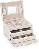 Joyero, Organizador de Joyas con 2 Cajones, Estuche con Cerradura y Espejo, Estuche de Viaje Portátil, para Anillos, Pulseras, Collares, Forro de Terciopelo, Regalo, Blanco