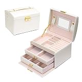 E-MANIS Caja Joyero Caja de Joyas,Estuche Rectangular para Guardar Joyas,Pendientes,Anillos y Collares,Espejo y Cajones,Tapa Elevable para Relojes (Blanco)